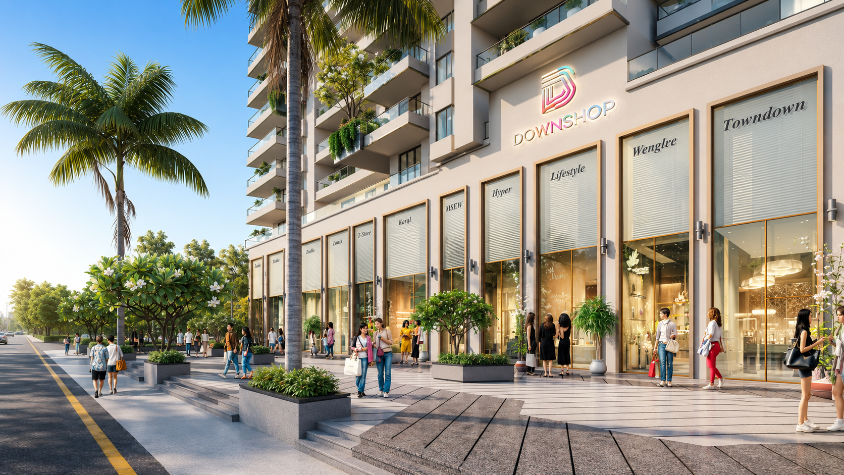 Landscaped fountains and experience spaces at Apex Èlyria